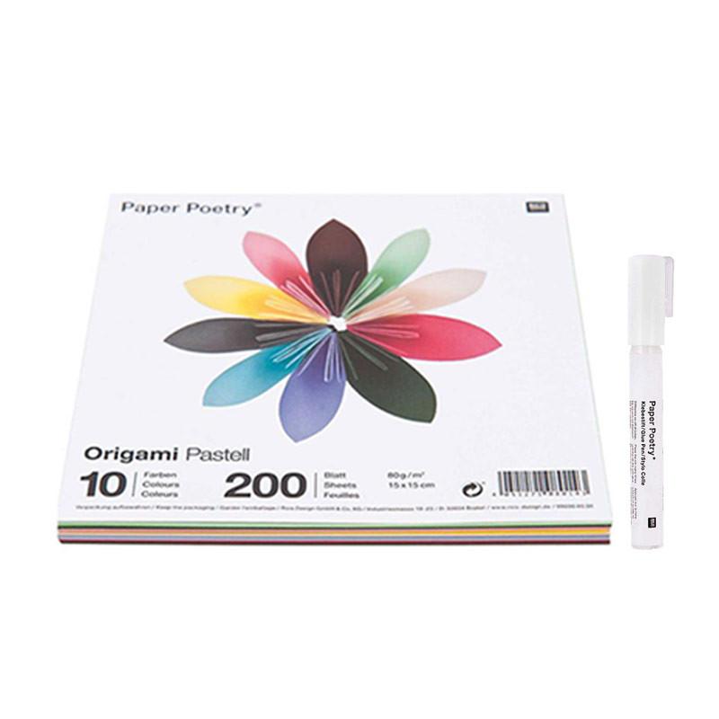 Penna a colla per carte e scrapbooking - punta 4 mm + 200 fogli per origami  Pastello 15 x 15 cm