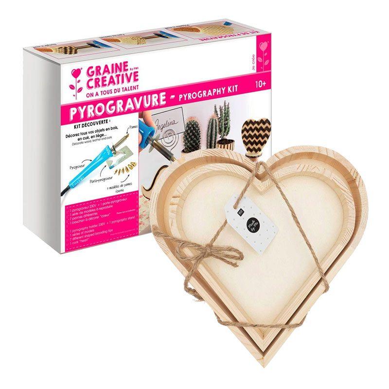 Caja de pirograbado + 2 bandejas de madera de corazón para decorar