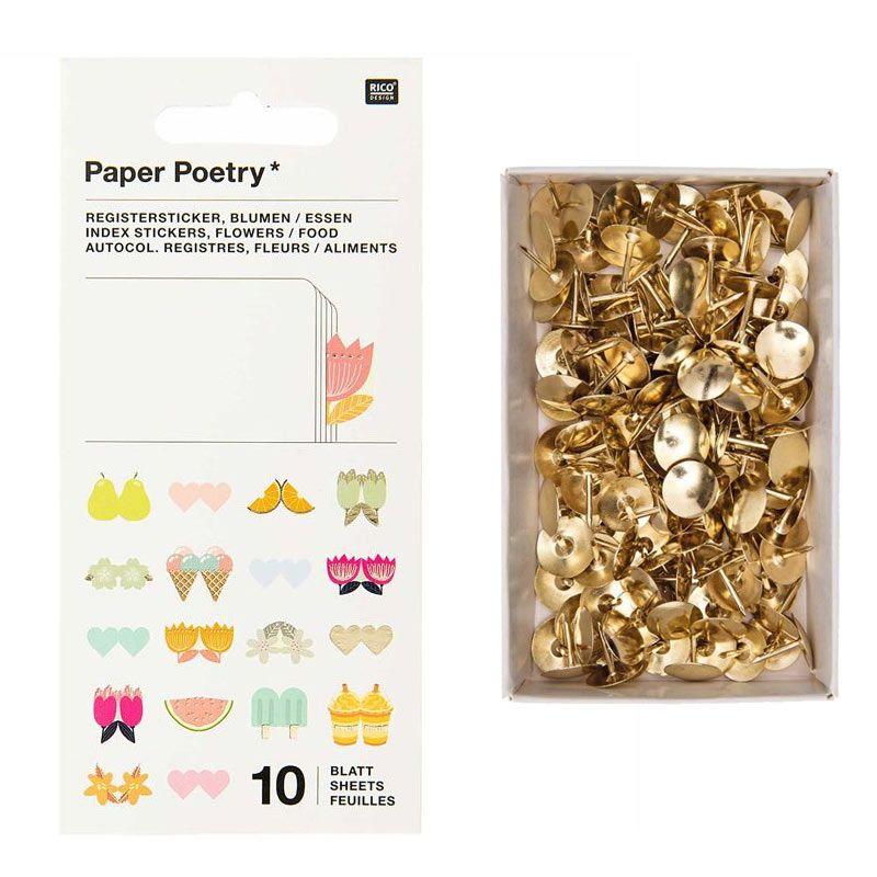 10 fogli di adesivi con registro floreale + 150 puntine da disegno dorate