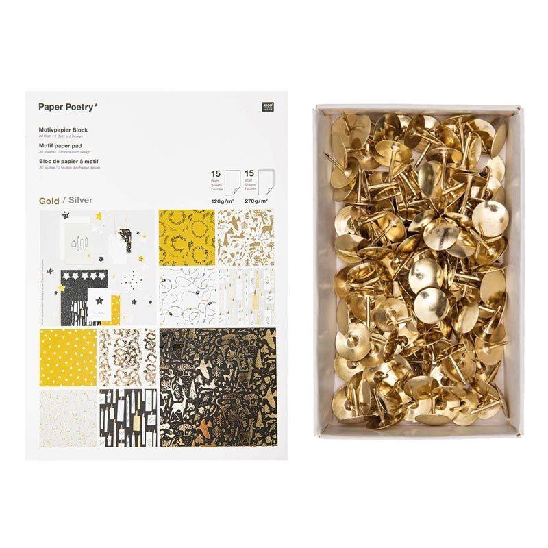 30 Blatt gold- und silbernes Nostalgisches Weihnachtspapier + 150 goldenen  Reißnägel