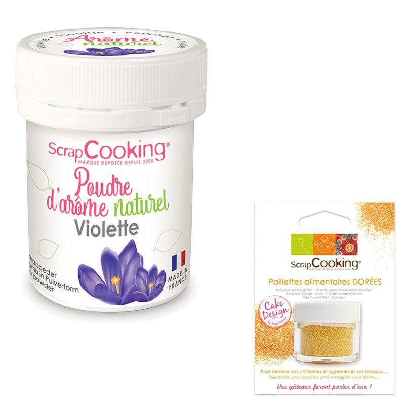 Aroma alimentario natural en polvo 15 g Violeta + Brillo dorado comestible