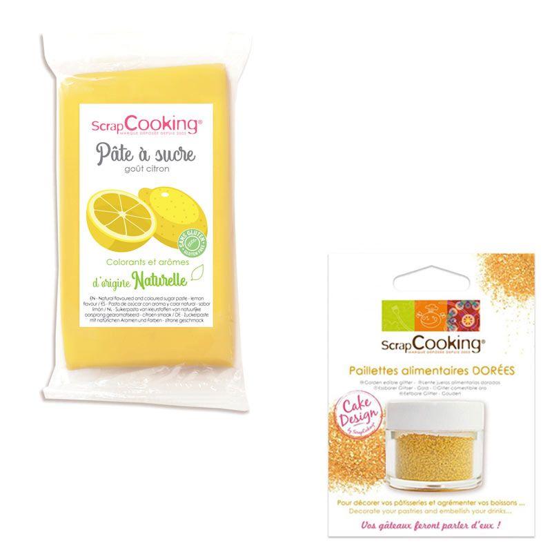 Pasta di zucchero gialla 250 g aroma di limone + Glitter alimentare oro
