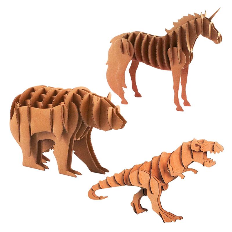 3 maquettes en carton - tyrannosaure, licorne, ours