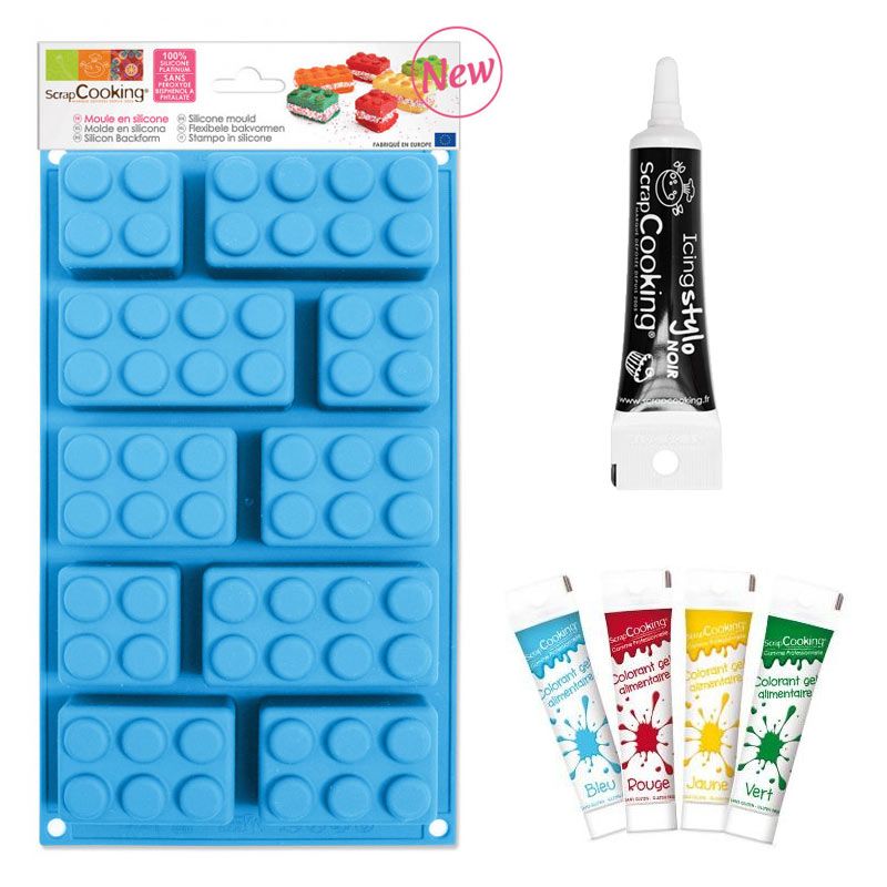 Molde de silicona bloques de Lego + 4 colorantes alimentarios + tubo de  glaseado negro