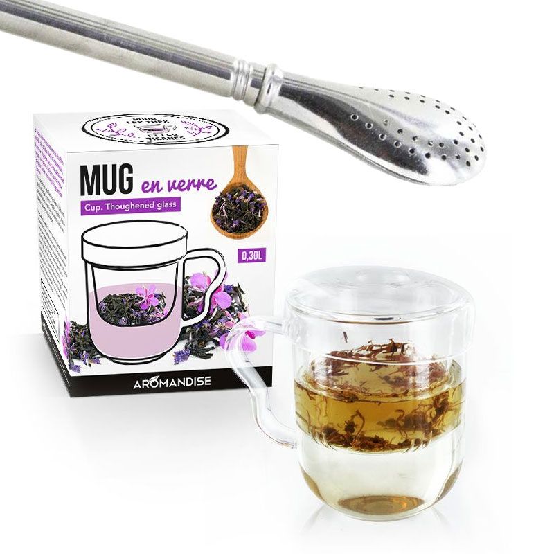 Mug à thé avec poignée, infuseur et couvercle - verre + paille