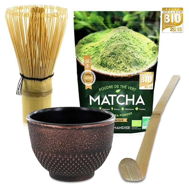 Té orgánico Matcha + batidor + cuchara de bambú + taza negra y púrpura de  hierro fundido