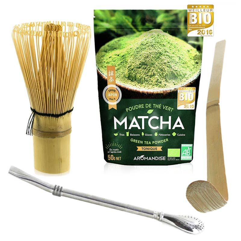 Grüner Tee Matcha Box + Schneebesen + Bambuslöffel + Edelstahlstrohhalm mit  Filter
