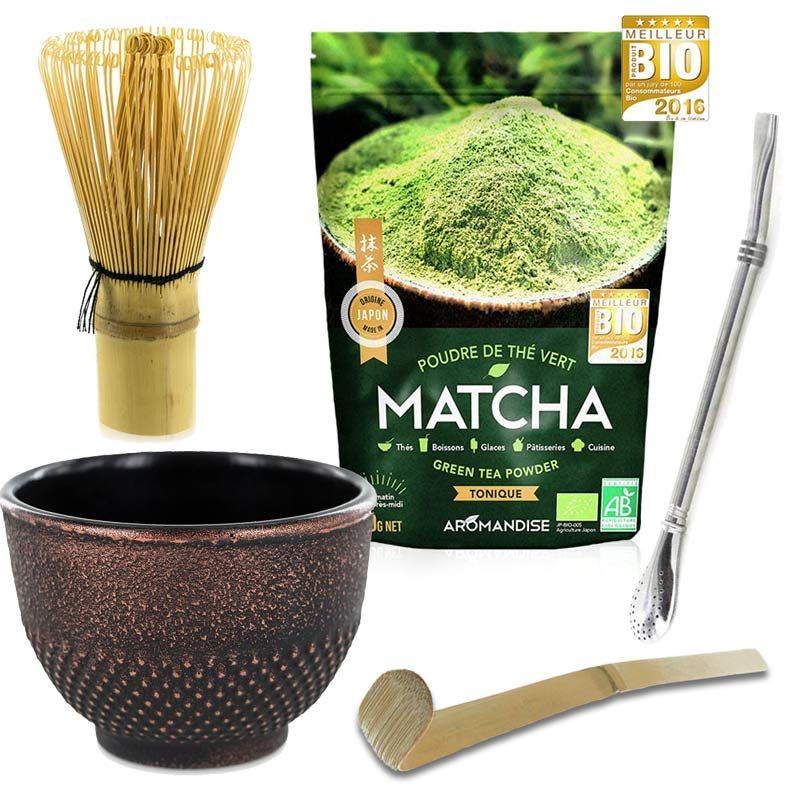Té orgánico Matcha + batidor + cuchara de bambú + taza negra y púrpura de  hierro fundido + pajita de acero inoxidable con filtro