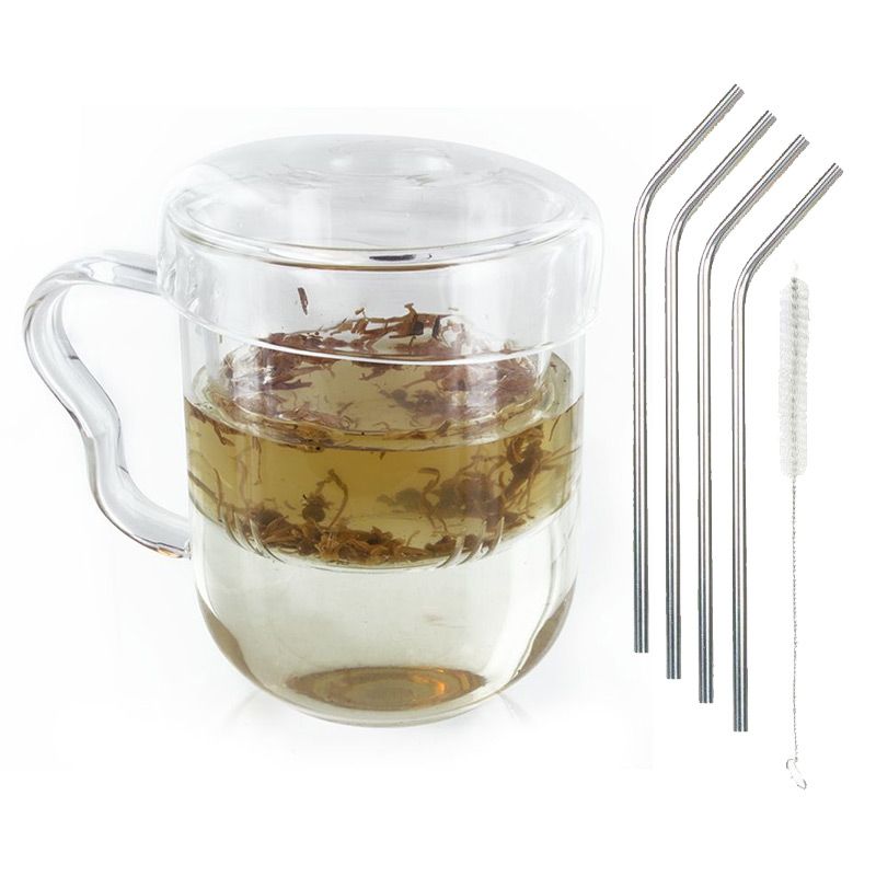 Taza de té con asa, tapa y infusor Cristal + 4 pajitas de acero inoxidable
