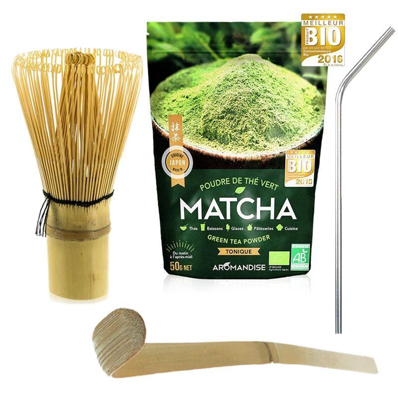 Té verde orgánico Matcha + batidor + cuchara de bambú + 4 pajitas de acero  inoxidable