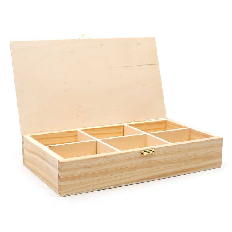 Caja de té de madera, 6 compartimentos, para decorar - 30 x 16 x 6 cm