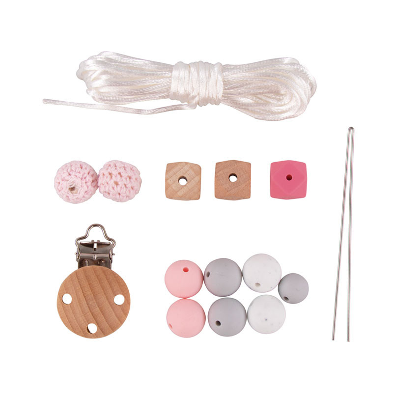 Kit fai da te - Clip per ciuccio in legno con perline in silicone rosa