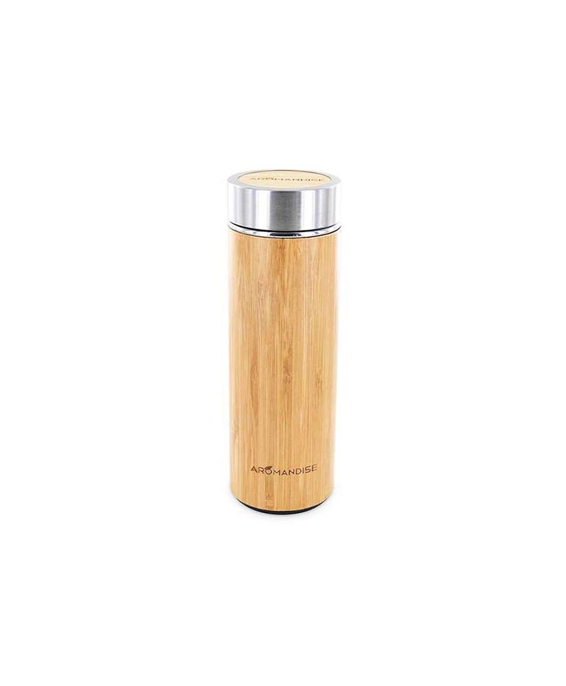 Taza de té e infusiones con filtro acero inoxidable y tapa de bambú.