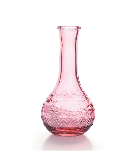 Vaso di vetro vintage con rilievo - Rosa - 7,5 x 15,8 cm