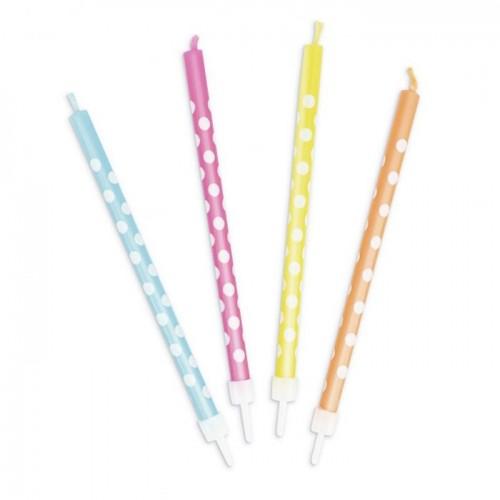  12 colored candles with white dots 
