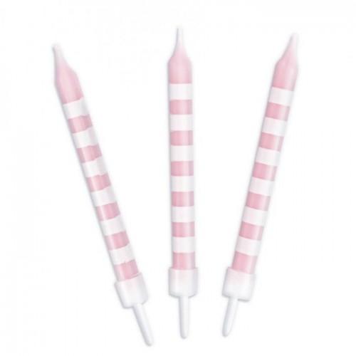  12 pink candles with white stripes 