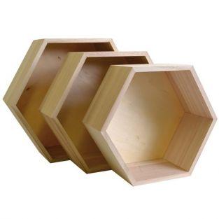 3 estantes de madera hexagonales