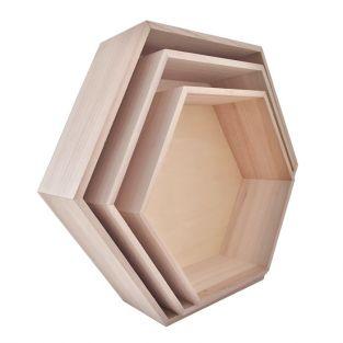 3 estantes de madera hexagonales