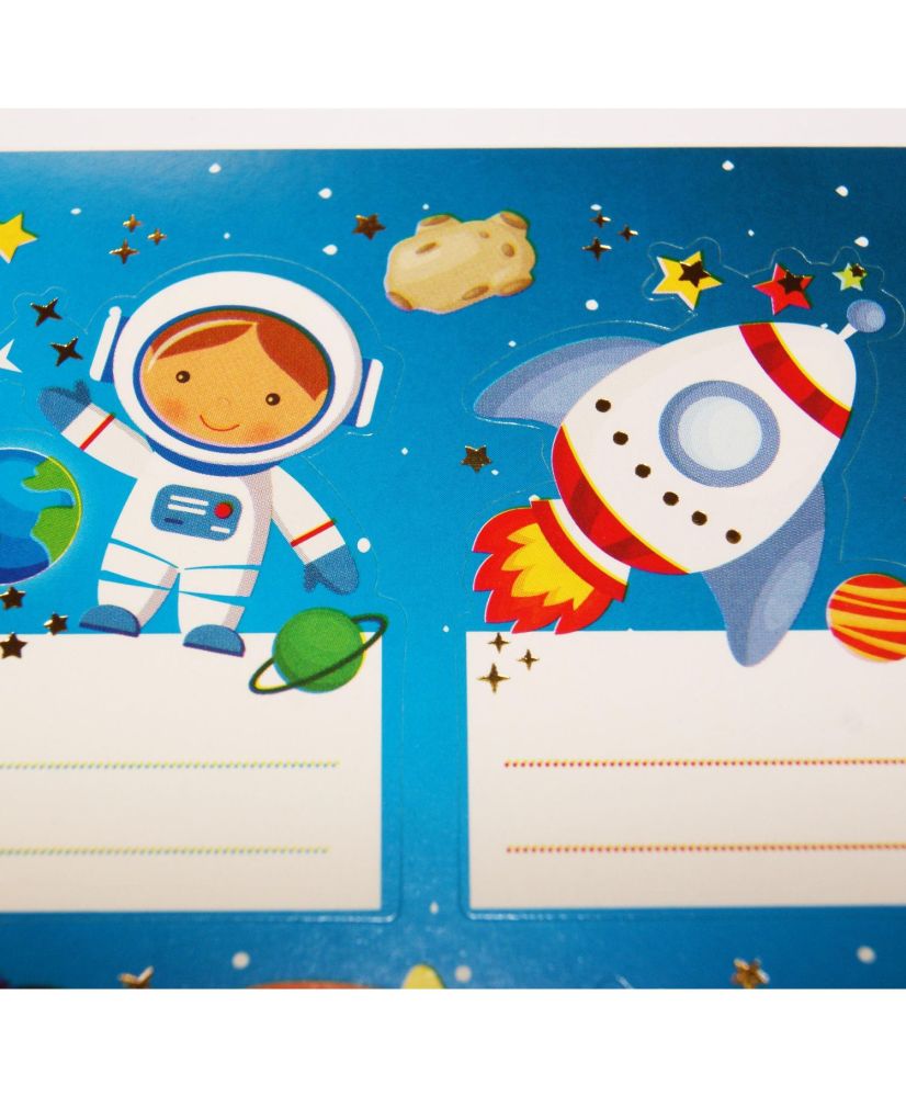 16 Etiquetas escolares - Rectángulo - Astronautas en el espacio - Oro