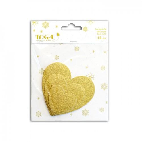 12 hearts with glitter - golden