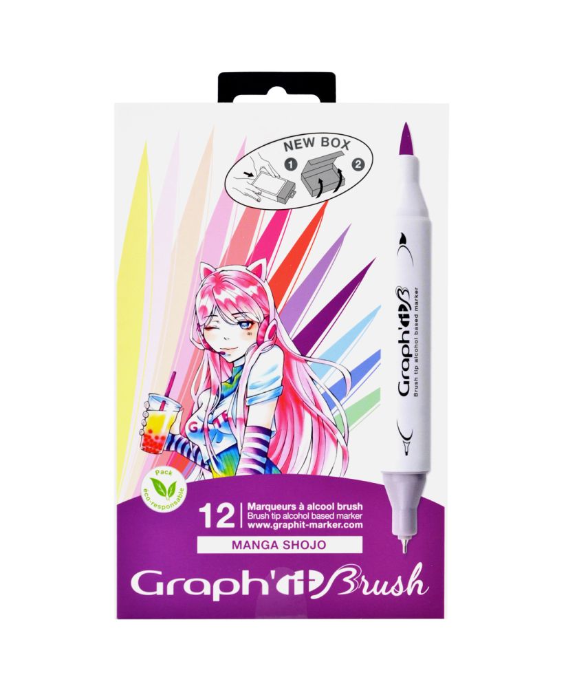 GRAPH’IT Marker trousse de 36 marqueurs à alcool double pointe pour dessin  de manga et illustration, pointe fine et biseautée - Set Basic Colours