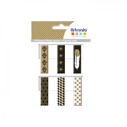 6 Epoxy clothespins - golden-black-white