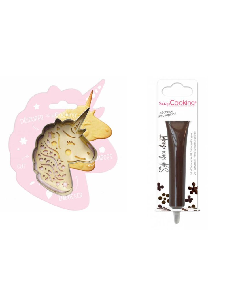Kit de galletas de unicornio en relieve + bolígrafo de chocolate marrón