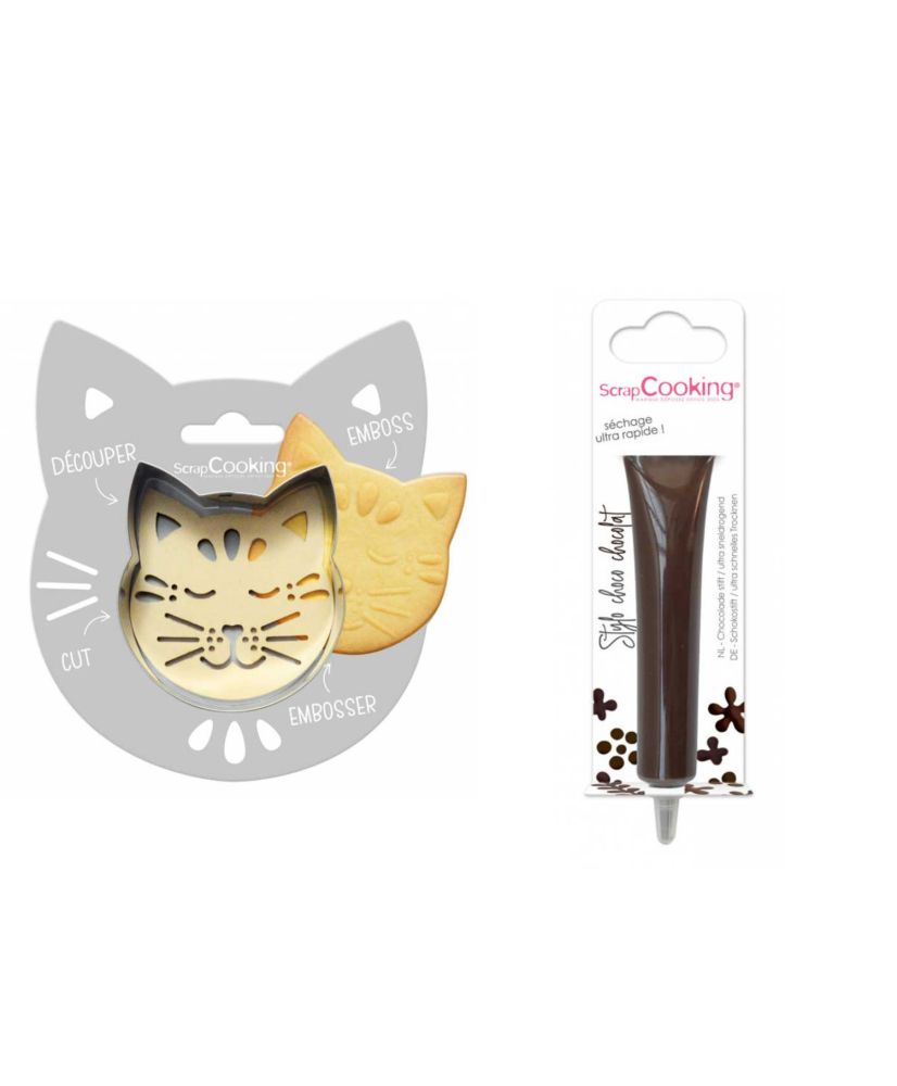 Kit de galleta con relieve de gato + bolígrafo de chocolate marrón