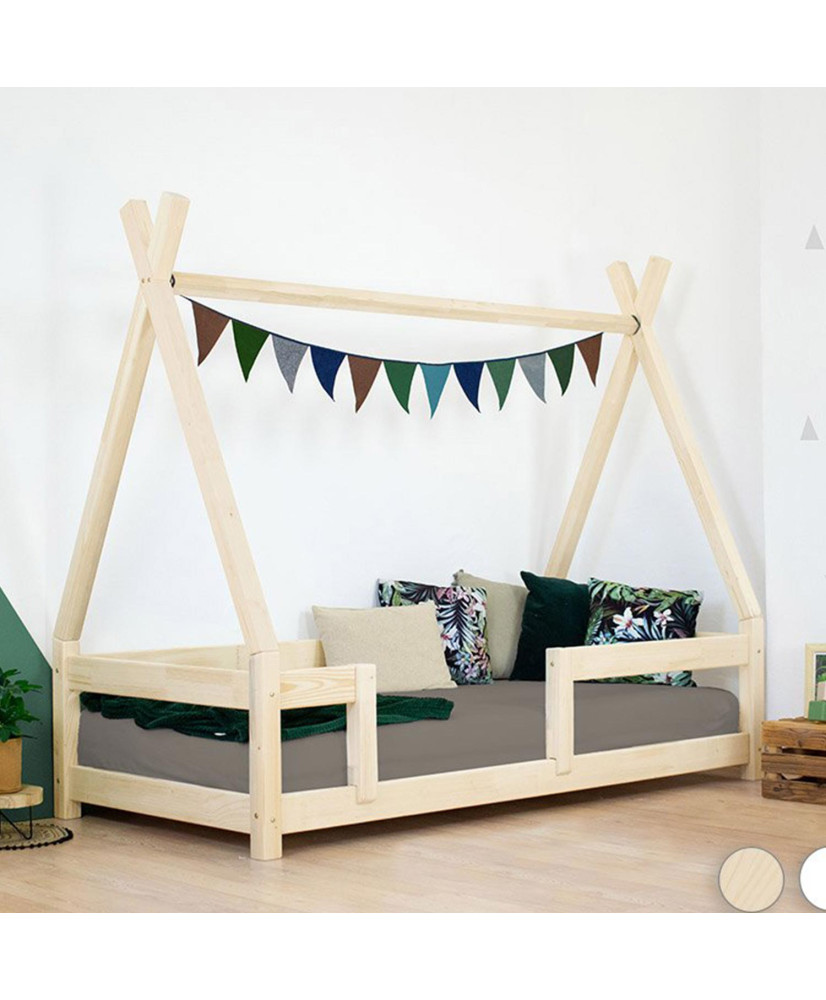Children's teepee bed NAKANA with safety barrier - solid wood - natural - 120  x 180 cm