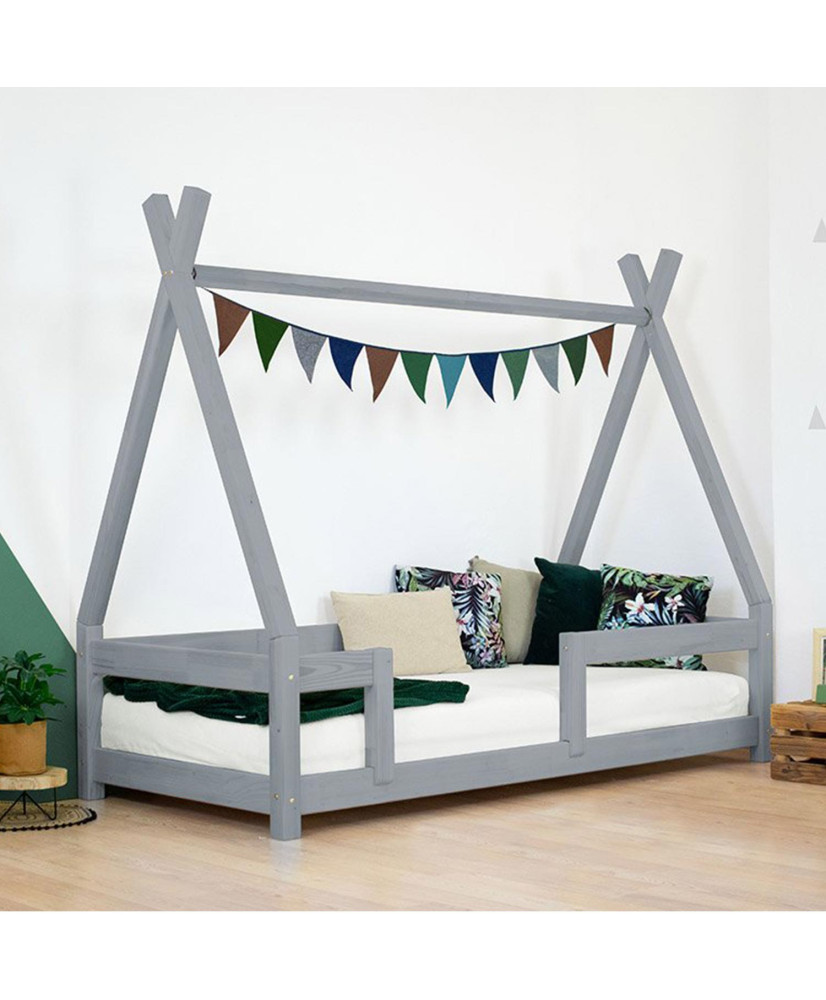 Kinder Tipi-Bett NAKANA mit Sicherheitsgitter - Massivholz - grau - 120 x  180 cm