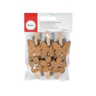 Wooden Clothespins x 6 - cork flowers & butterflies