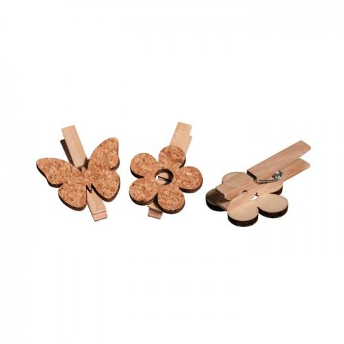 Pinzas de madera x 6 - Flores y mariposas de corcho