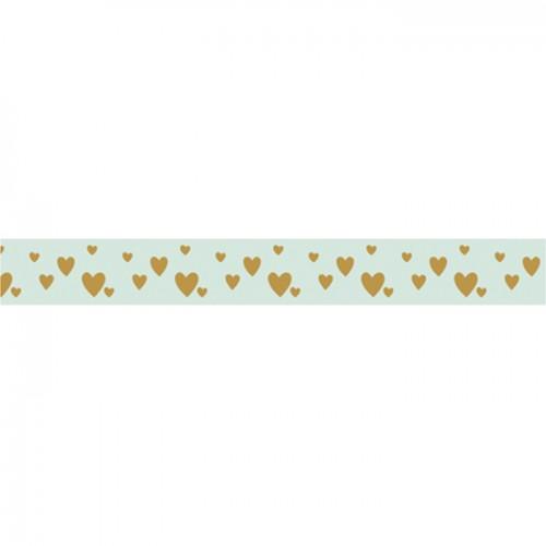 Washi Tape - Golden hearts on light green background - 15 m x 1 cm