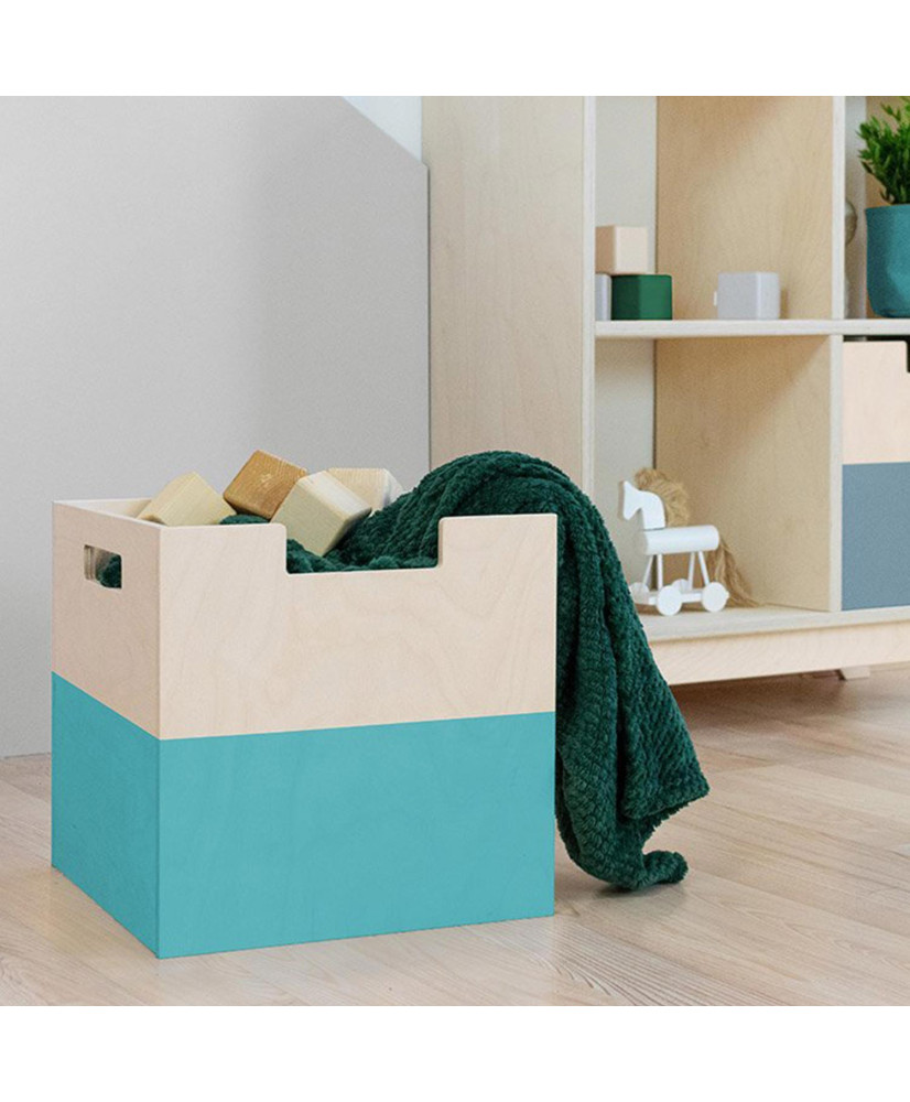 Caja de madera modelo 2 - con asas - Color azul turquesa y madera natural - 33  x 33 x 37 cm