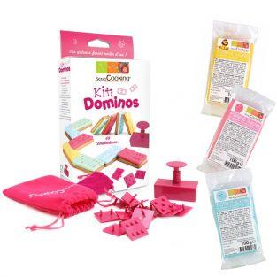 Kit Dominos + 3 sachets de pâte à sucre (bleu, rose et jaune)