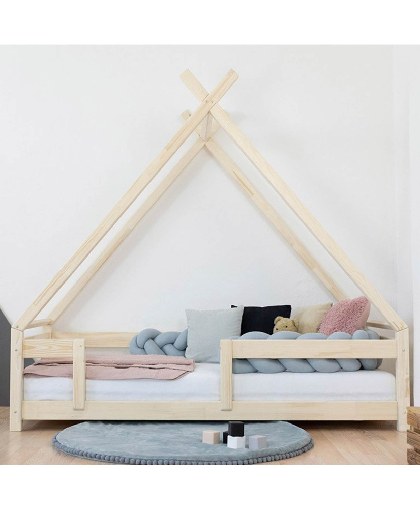 Children's Teepee Bed TAHUKA with safety barrier - solid wood - natural  varnished - 120 x 190 cm