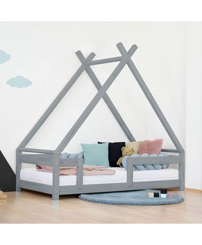 Kinder Tipi-Bett TAHUKA mit Sicherheitsgitter - Massivholz - grau - 140 x  200 cm