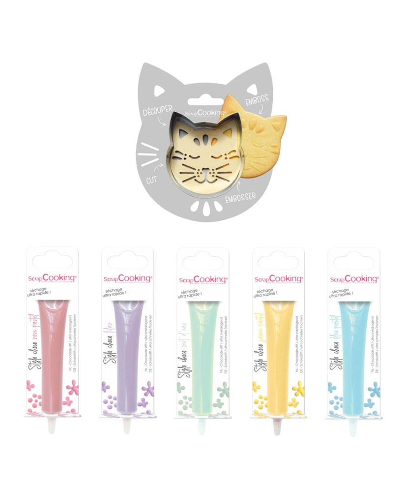 Relief-Keks-Set Katze + 5 Schoko-Pastellstifte