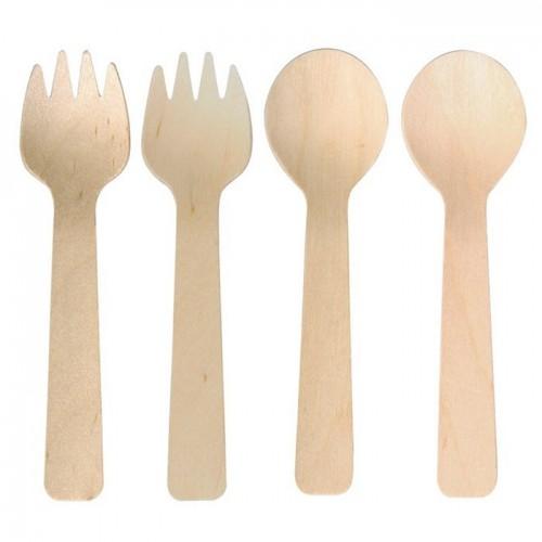 6 cucharas + 6 tenedores de madera de 10 cm