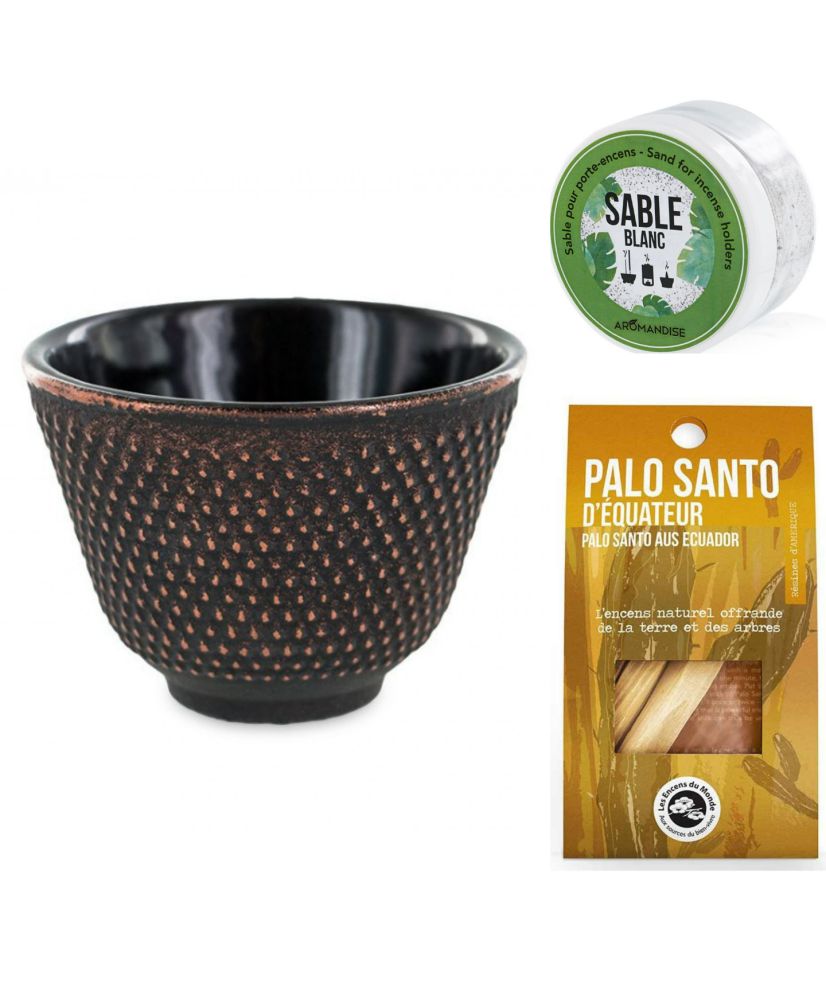 Portaincenso a coppa nero e oro + sabbia bianca + bastoncini di Palo Santo