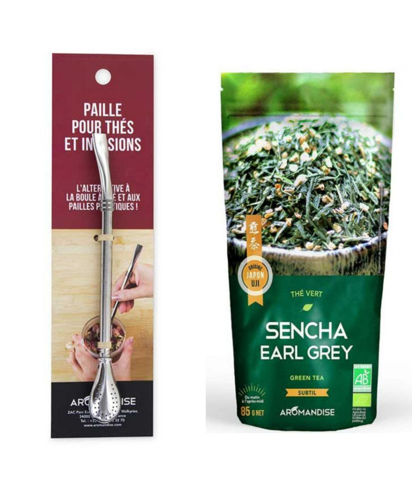 Thé Vert Bio Japonais Sencha Earl Grey 85 G + paille en inox avec filtre  intégré