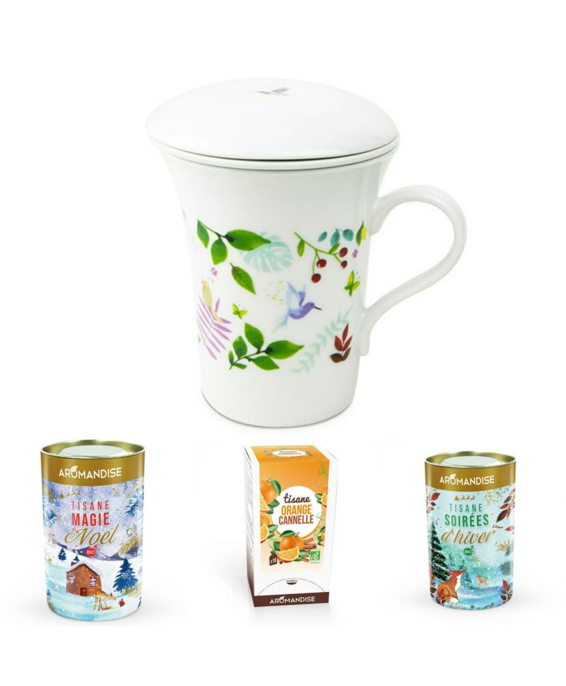 Flowering porcelain herbal tea pot 250ML + Festive herbal tea trio - Winter  evenings,Christmas,Orange cinnamon