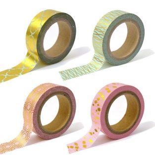 4 cintas adhesivas rosa y azul con diseños dorados