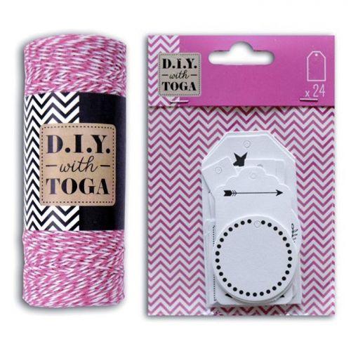 24 white perforated labels + white & fuchsia twine 100 m