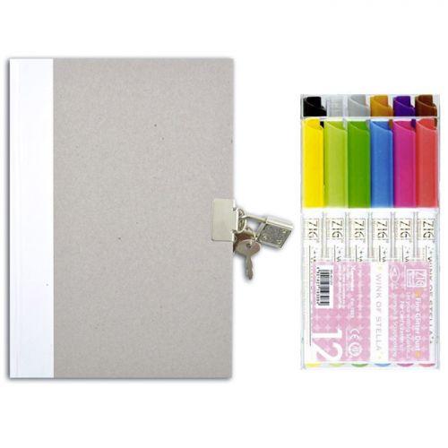 Diary with lock + 12 markers with glitter
