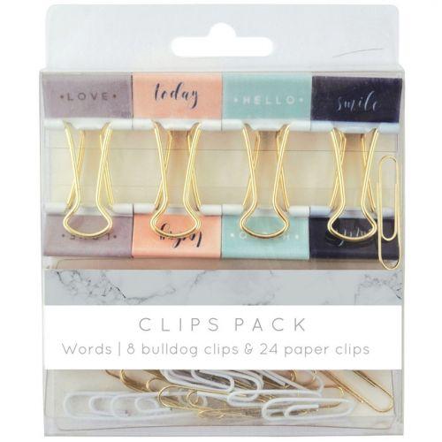 8 wire clips & 24 paperclips - words