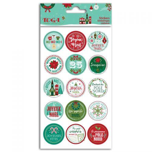 15 stickers ronds pour emballages cadeaux - Joyeux Noël