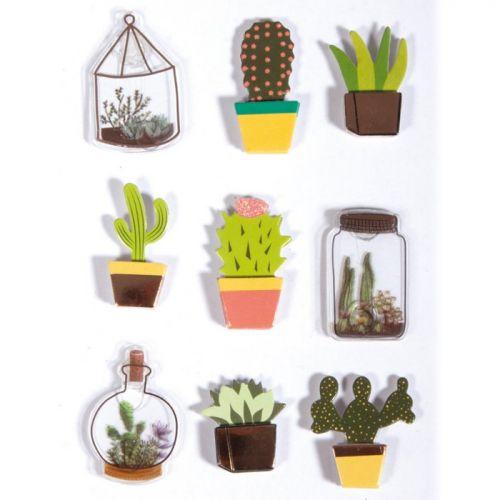 9 stickers 3D cactus & botanique 4 cm