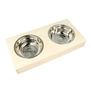 2 stainless steel bowls + wooden stand