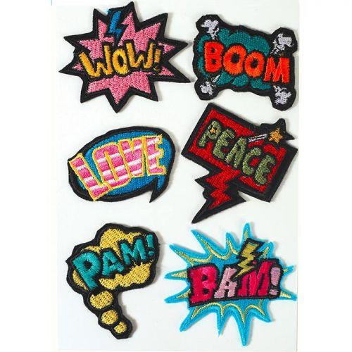 6 Hot Fix fusible textile patches - Wow Boom Love Peace Pam Bam